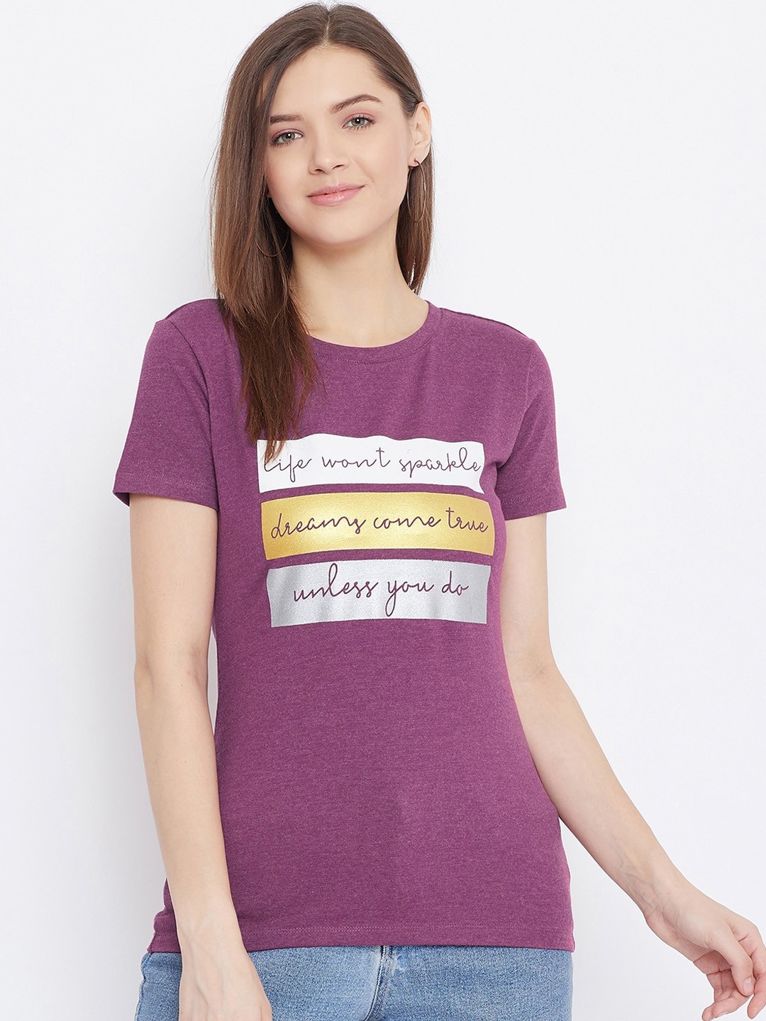 

Bishop Cotton Women Purple Printed Round Neck T-shirt
