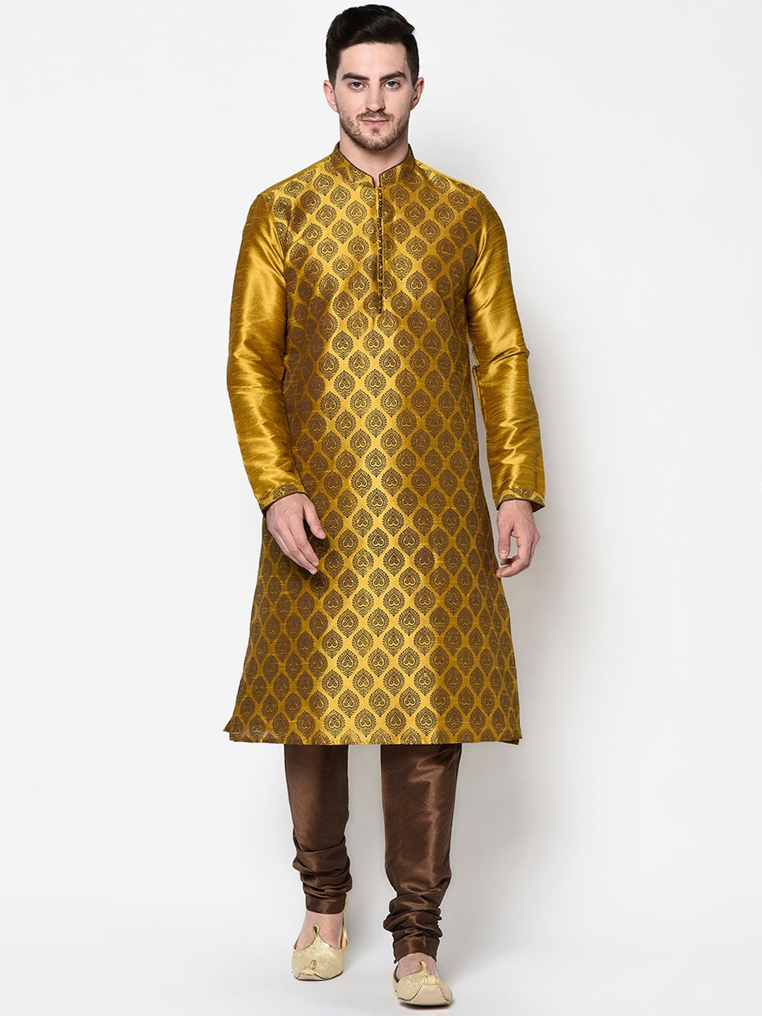 

DEYANN Men Yellow & Brown Ethnic Motifs Printed Dupion Silk Printed Kurta
