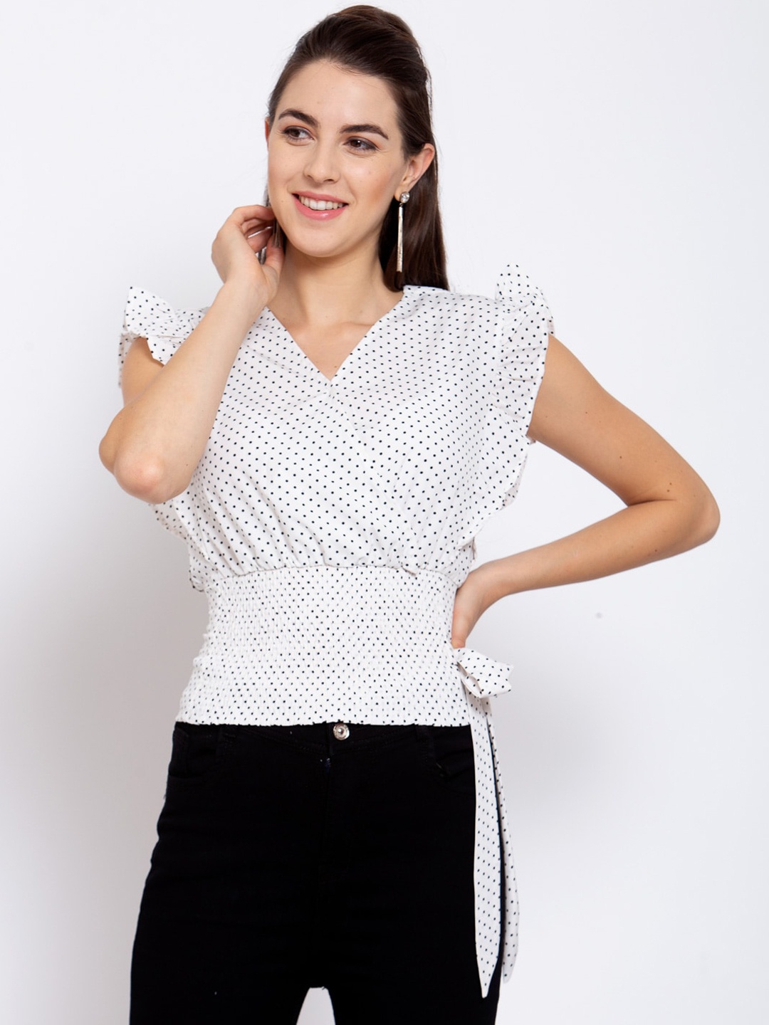 

Style Quotient White Printed Flutter Sleeves Crepe Wrap Top