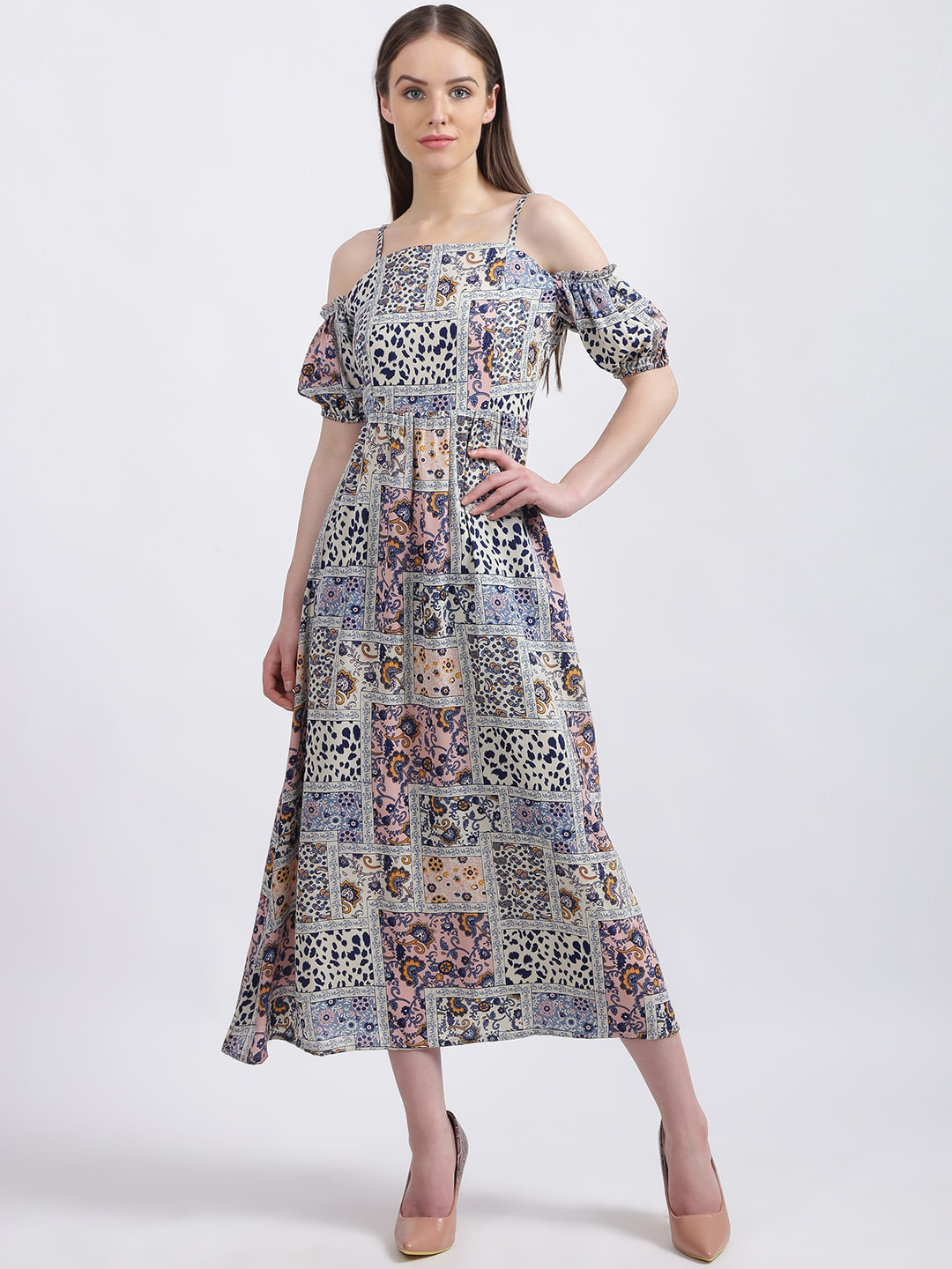 

Zink London Women Off-White & Navy Printed Fit and Flare Dress