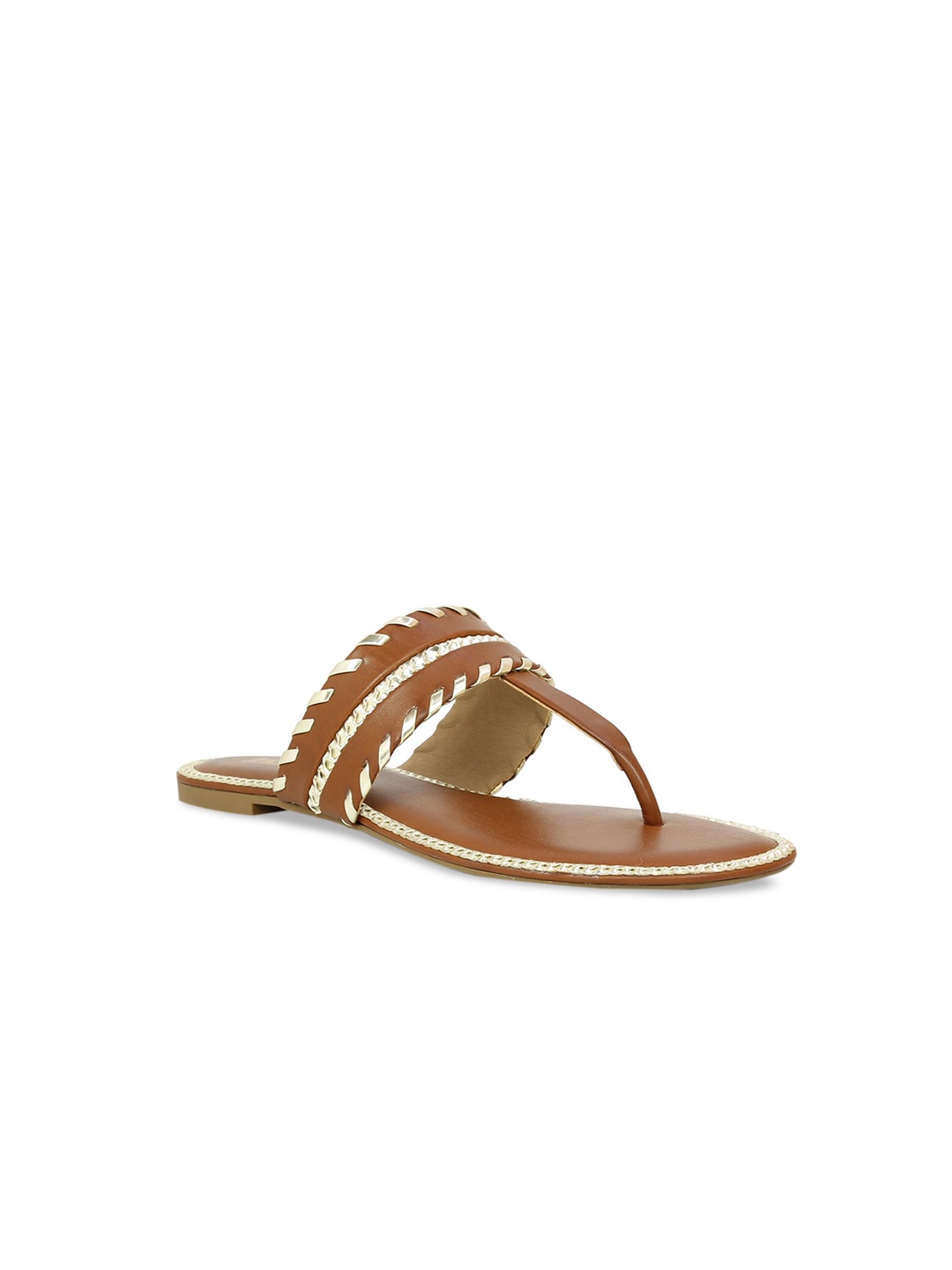 

Inc 5 Women Tan Brown Embroidered T-Strap Flats