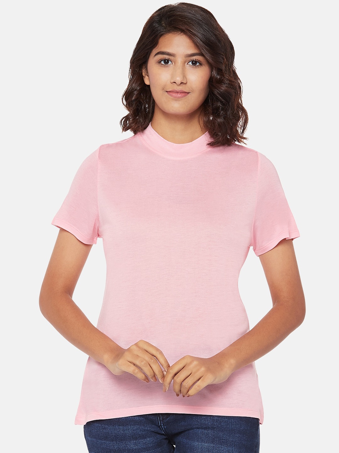 

People Women Pink Solid Turtle Neck T-shirt