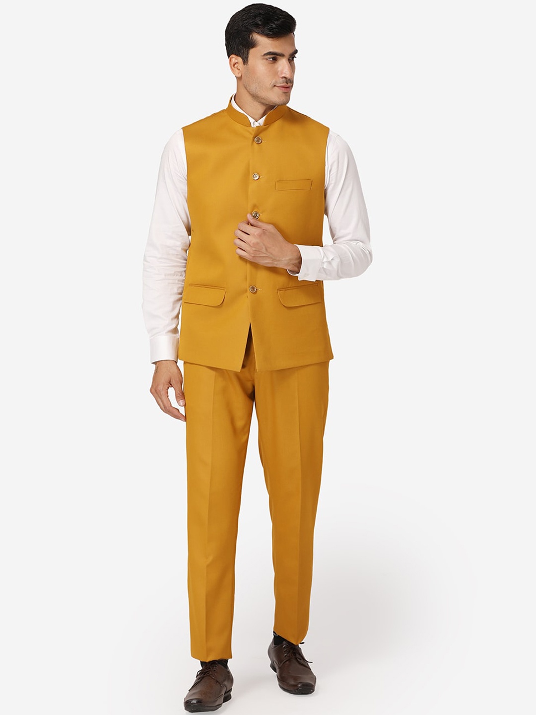 

Wintage Men Mustard Yellow Solid Bandhgala Two-Piece Formal Suit