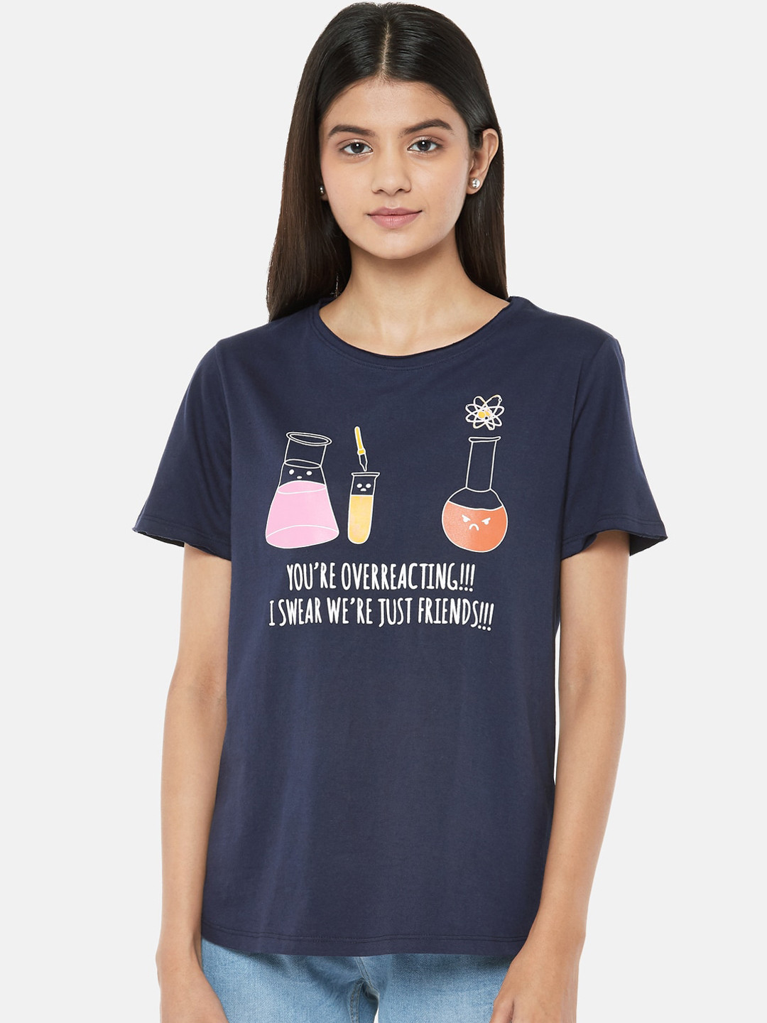 

People Women Navy Blue Pink Printed Round Neck Cotton Pure Cotton T-shirt
