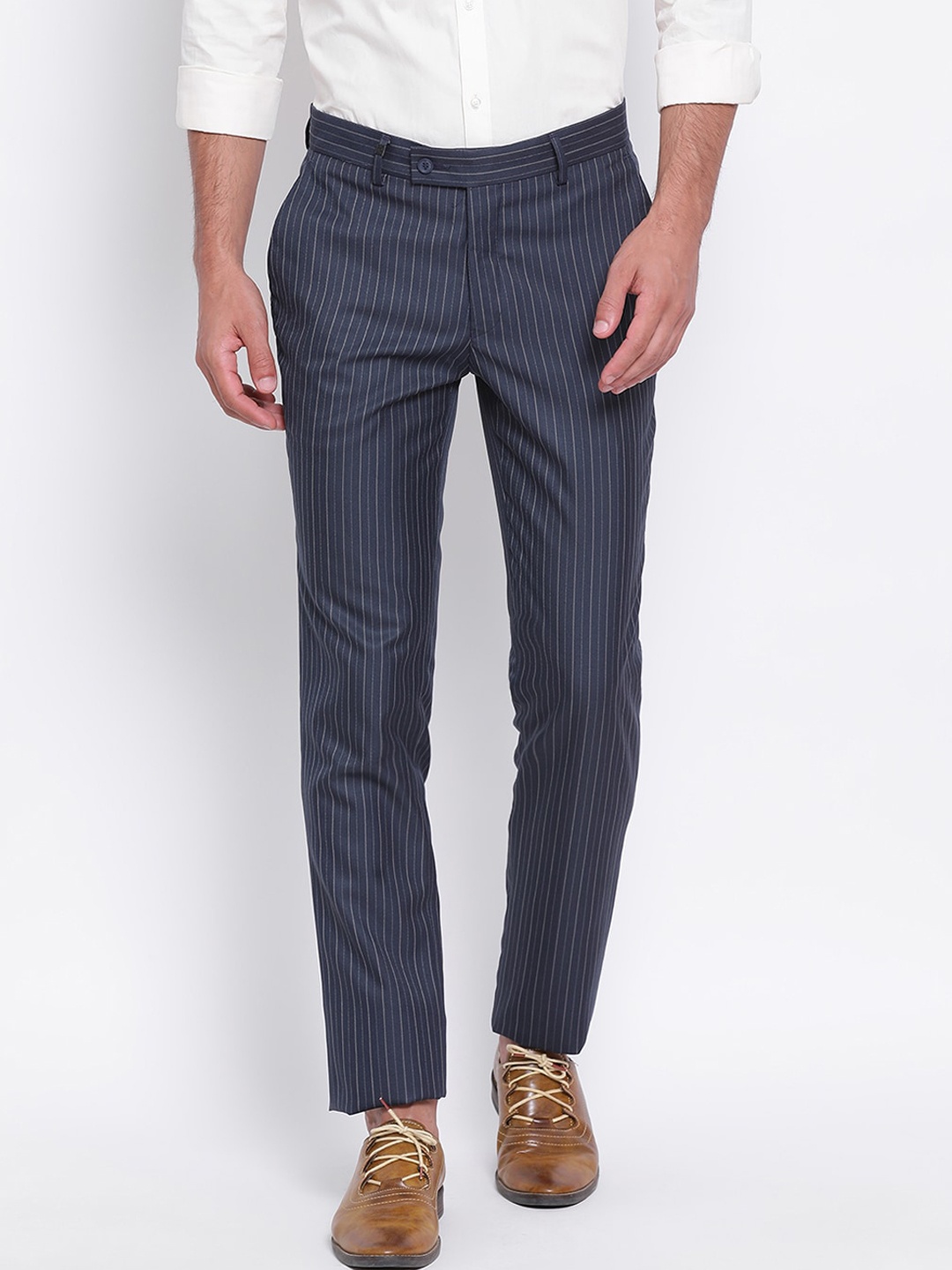 

Turtle Men Navy Blue Slim Fit Striped Formal Trousers