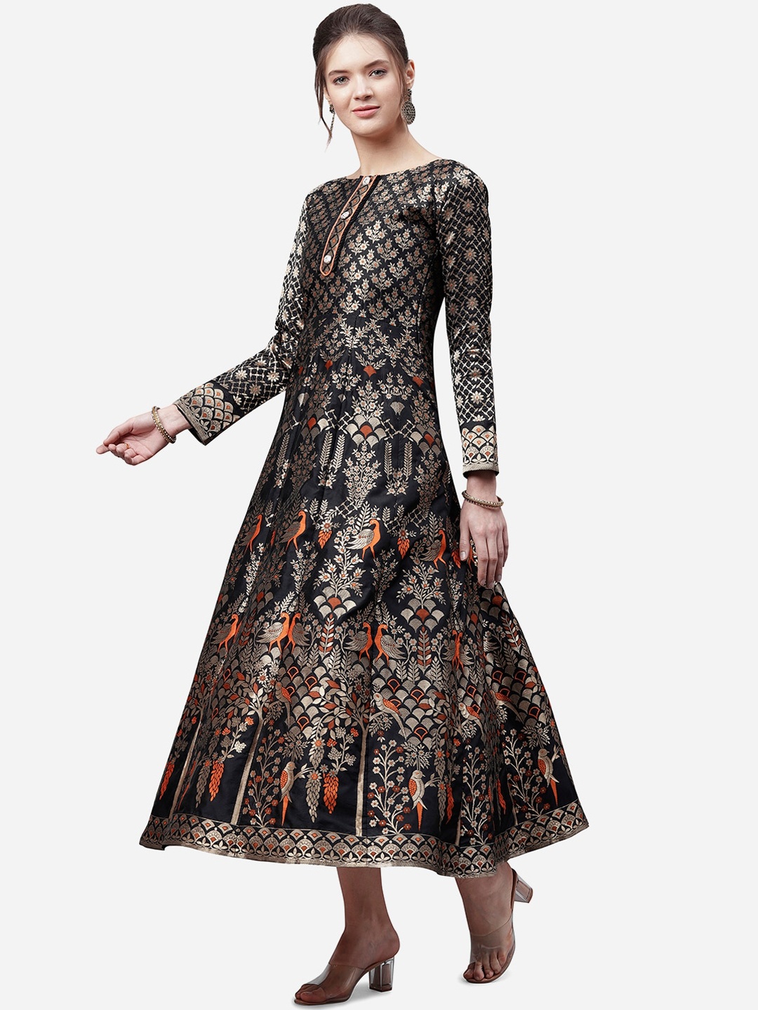 

PURVAJA Women Black & Golen Printed Jacquard Ethnic Maxi Dress