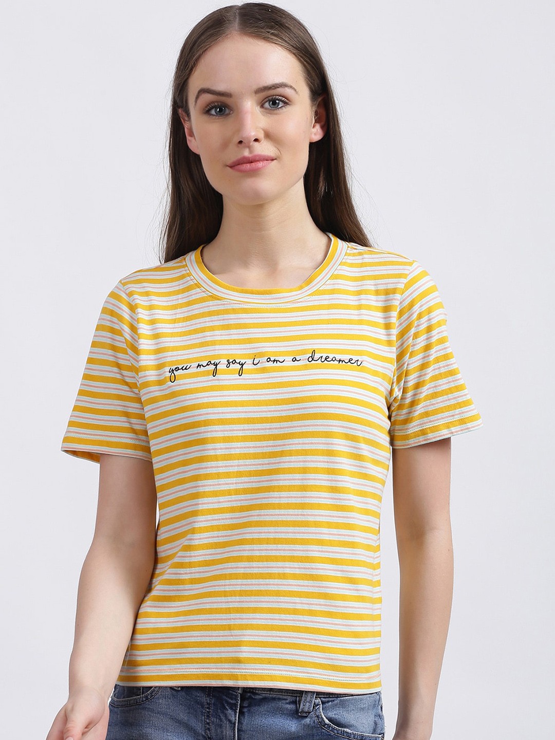 

Zink London Women Yellow White Striped Round Neck Cotton Pure Cotton T-shirt
