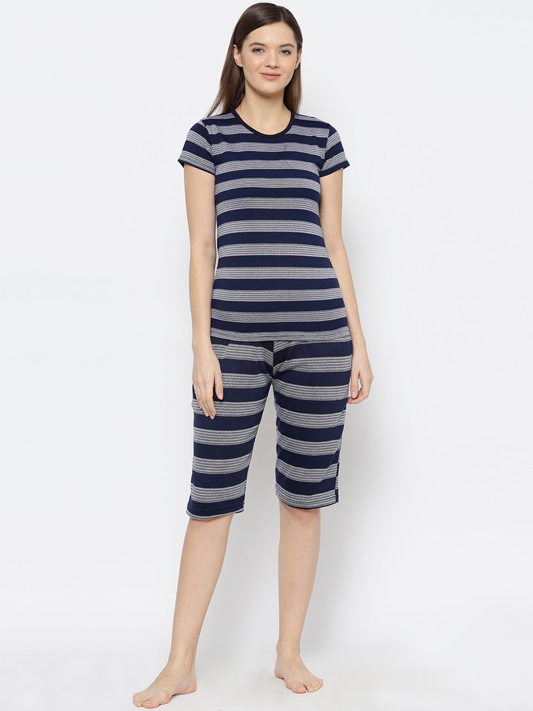

VIMAL JONNEY Women Navy Blue & White Striped Night Suit