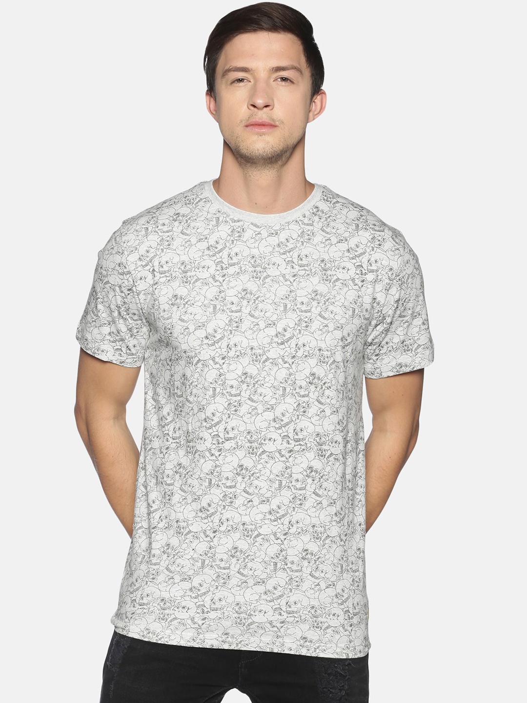 

UrGear Men Grey Self Design Round Neck Pure Cotton T-shirt