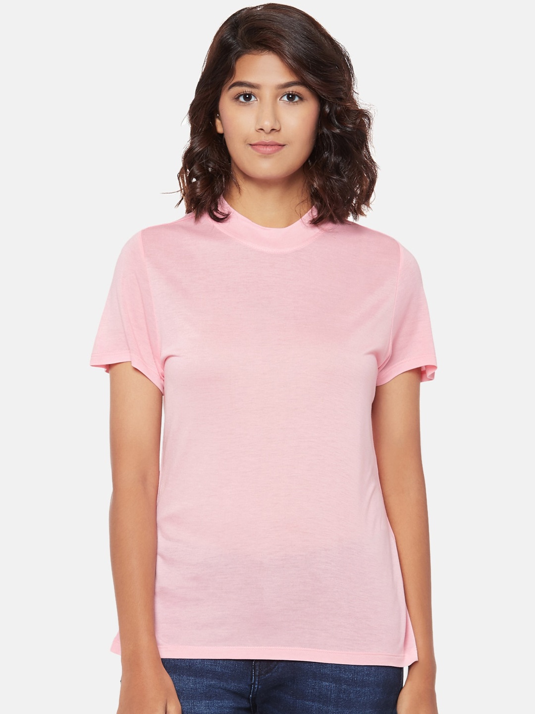 

People Women Pink Solid Turtle Neck T-shirt