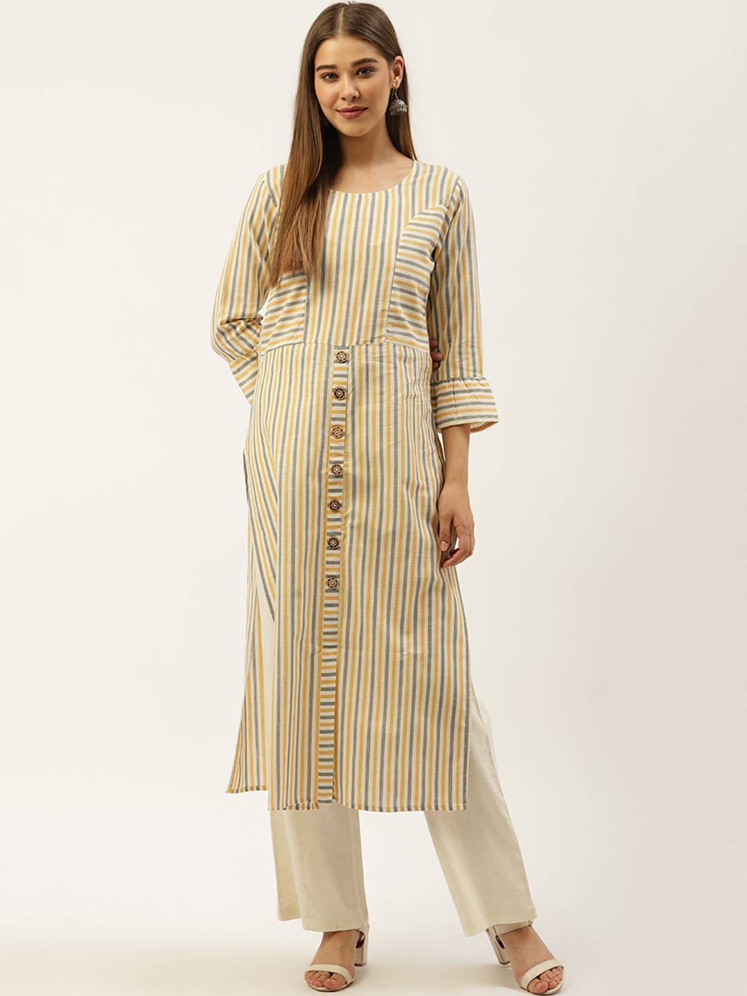 

Cottinfab Women Off White & Grey Striped Bell Sleeves Cotton Kurta