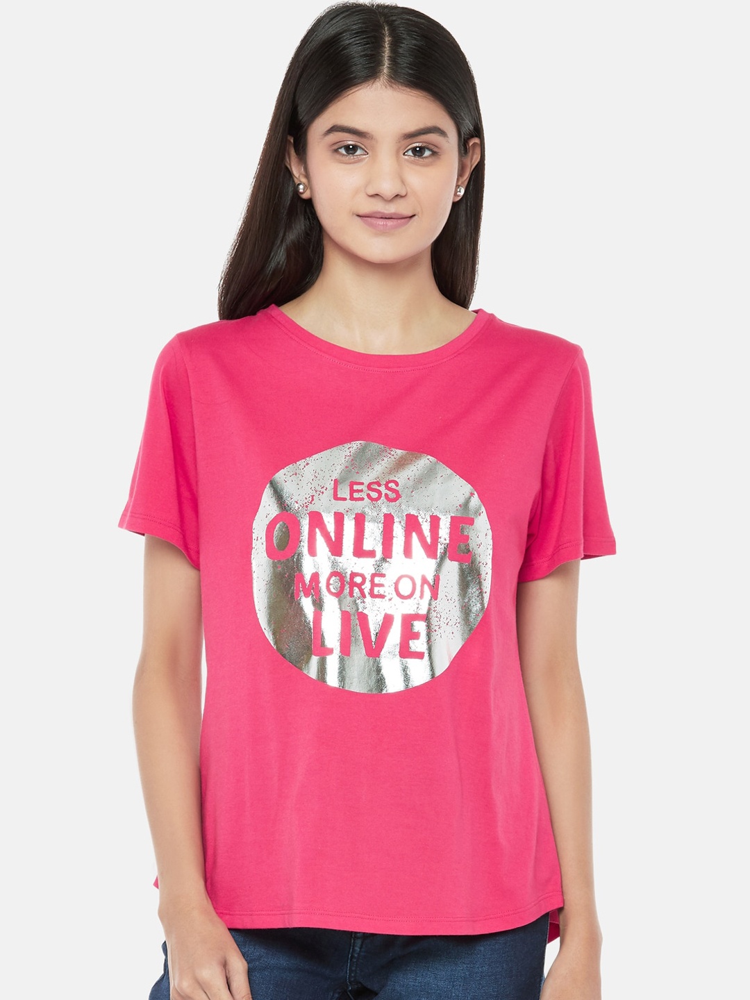 

People Women Pink Printed Round Neck Pure Cotton T-shirt