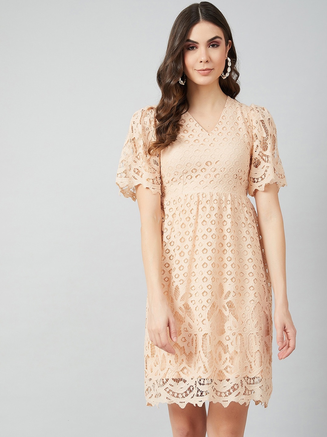 

Athena Women Peach-Coloured Self Design Fit and Flare Dress