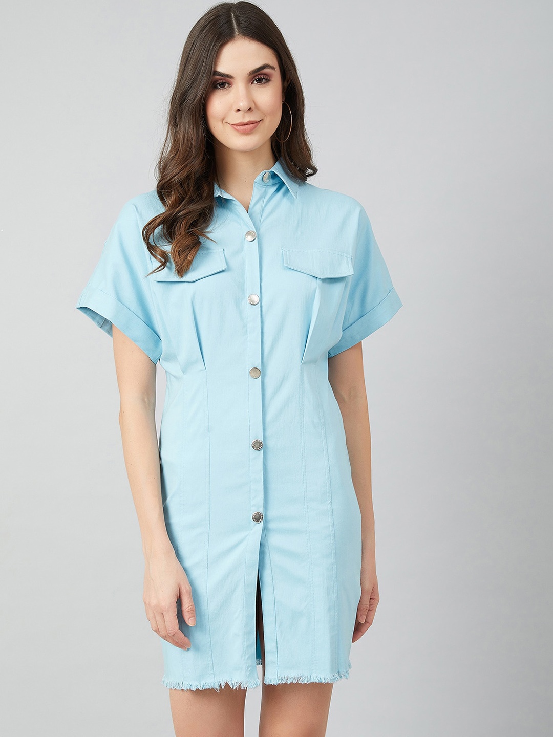 

Athena Women Blue Solid Shirt Dress With Frayed Hem