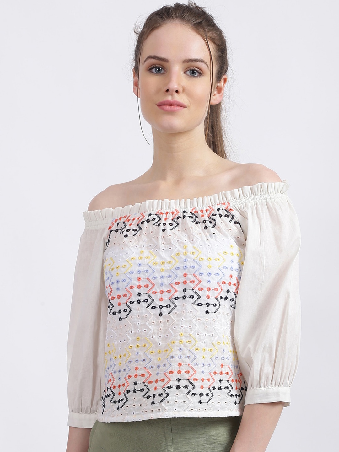 

Zink London White Embroidered Off-Shoulder Pure Cotton Bardot Top