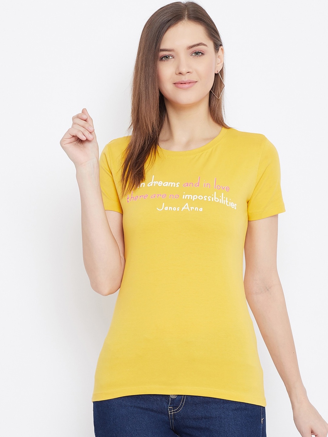 Bishop Cotton Women Yellow Printed Round Neck T-shirt