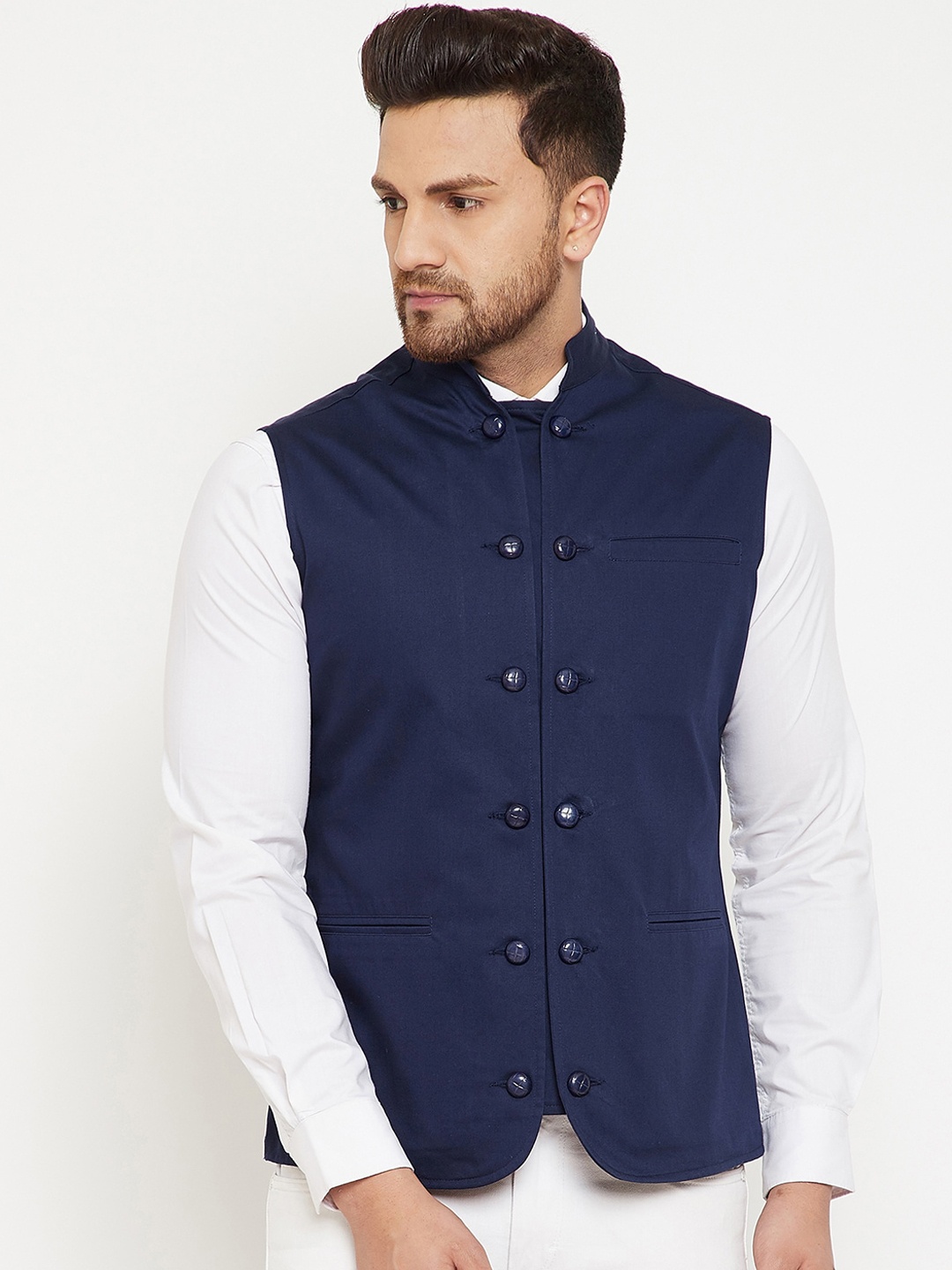 

Hypernation Men Navy Blue Cotton Solid Woven Satin Twill Nehru Jacket
