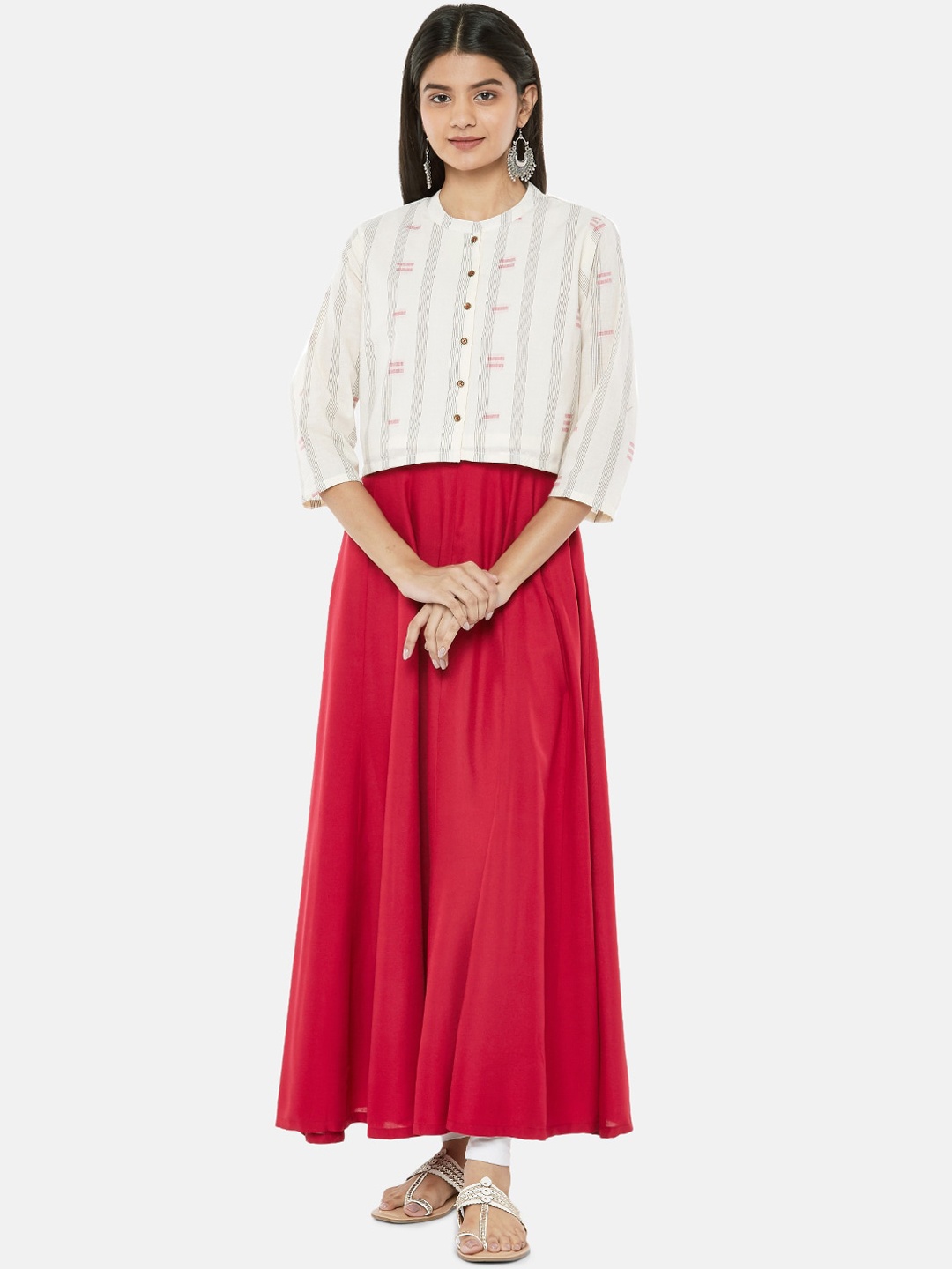 

RANGMANCH BY PANTALOONS Women Red & White Anarkali Kurta With Jacket
