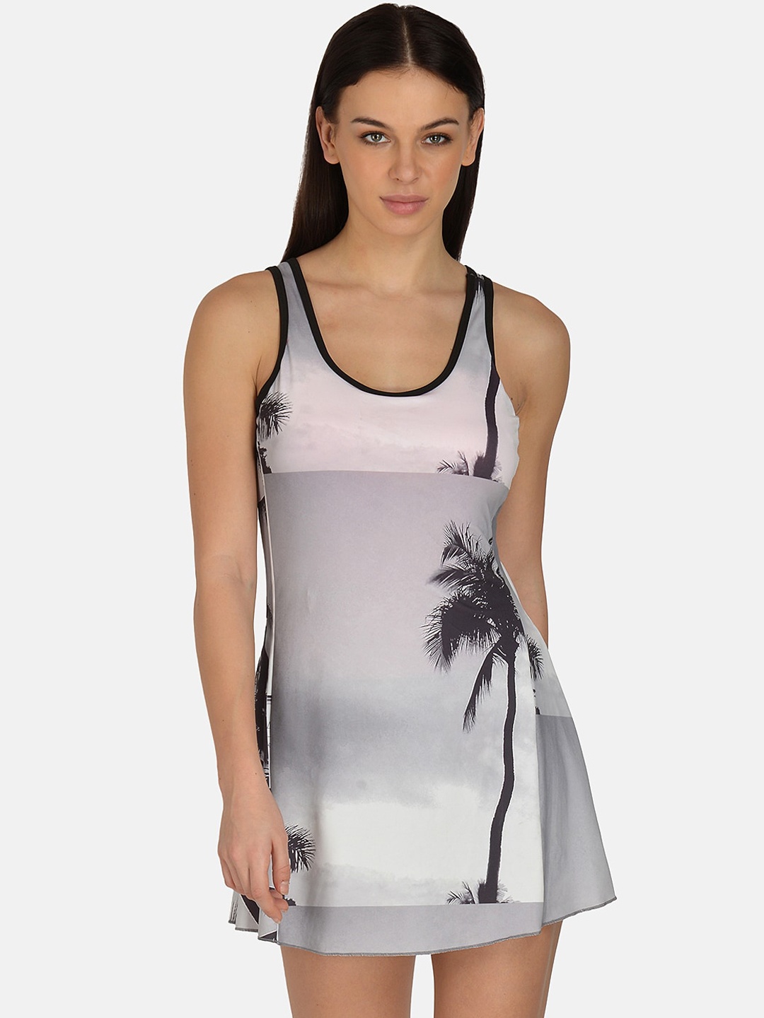 

mod & shy Women White & Grey Printed Swimming Dress With Attached Shorts