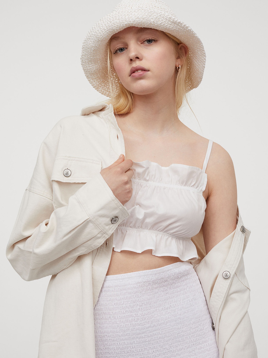 

H&M White Flounce-Trimmed Pure Cotton Crop Top