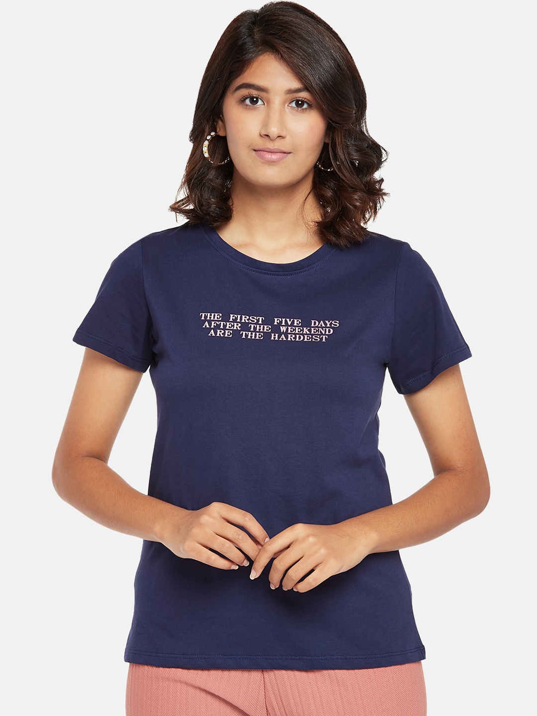 

Honey by Pantaloons Women Navy Blue Printed Round Neck Pure Cotton T-shirt