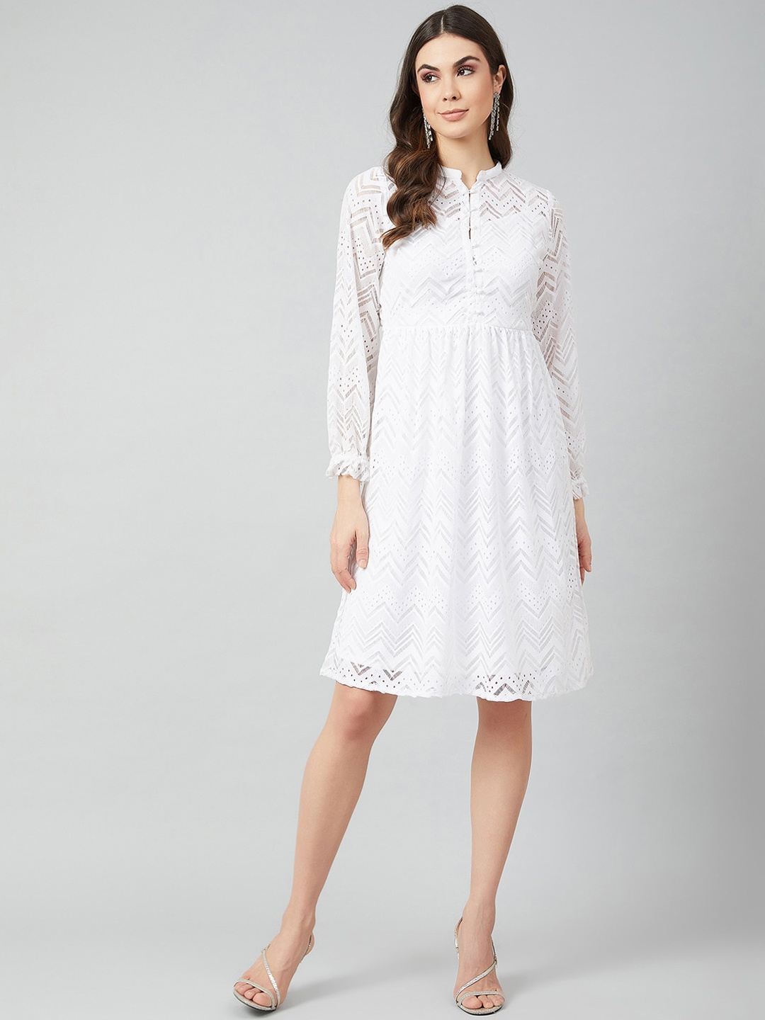 

Athena Women White Self Design Fit and Flare Dress