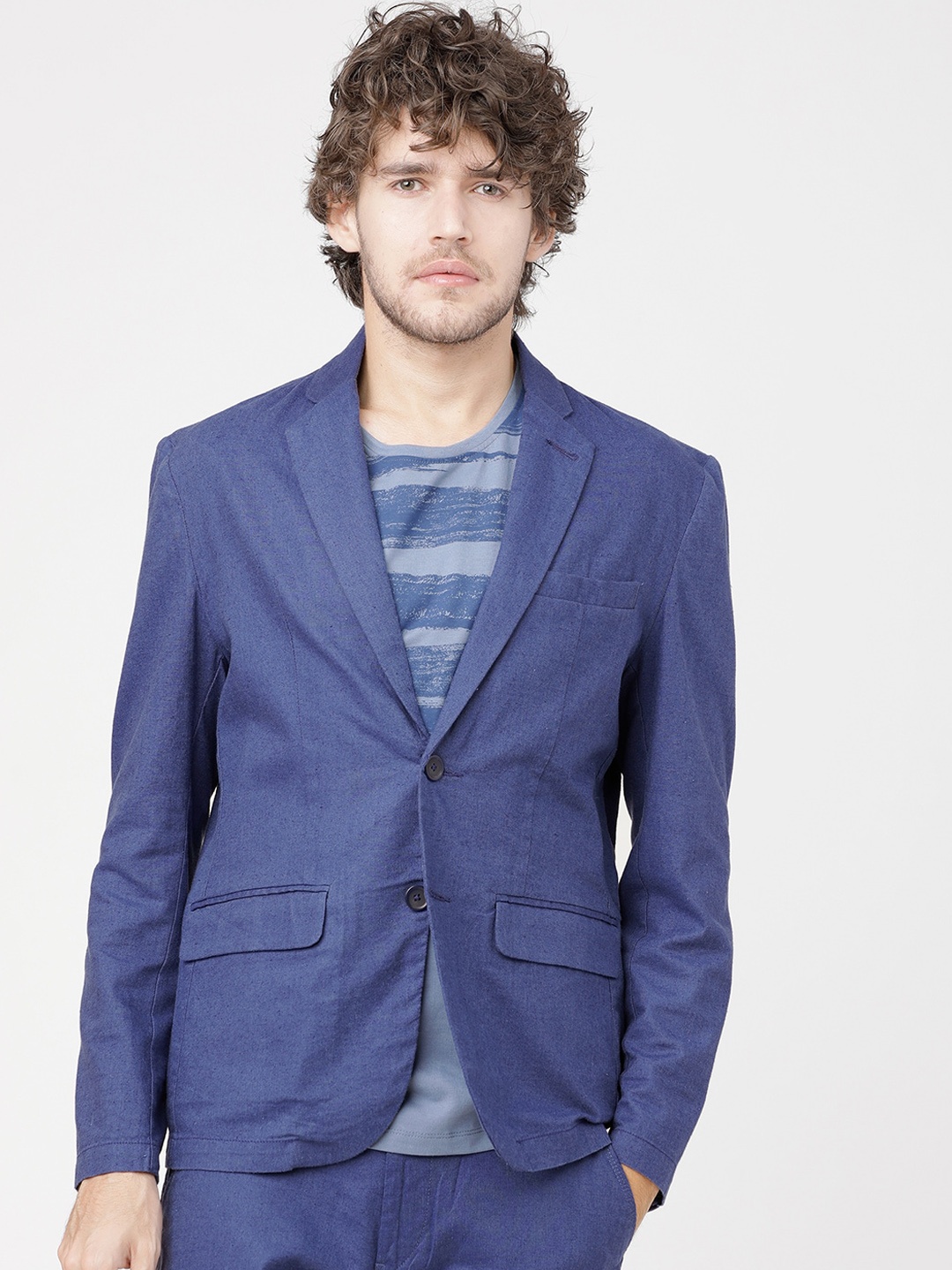 

HIGHLANDER Men Blue Solid Single-Breasted Cotton Linen Casual Blazer