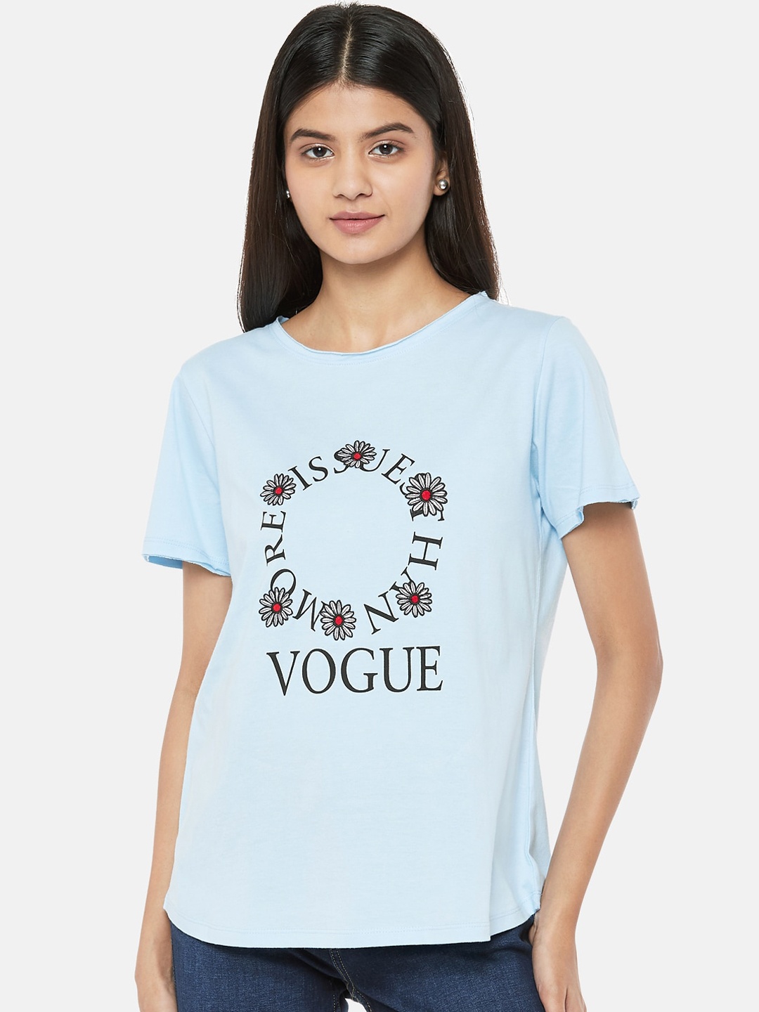

People Women Blue Printed Round Neck Pure Cotton T-shirt