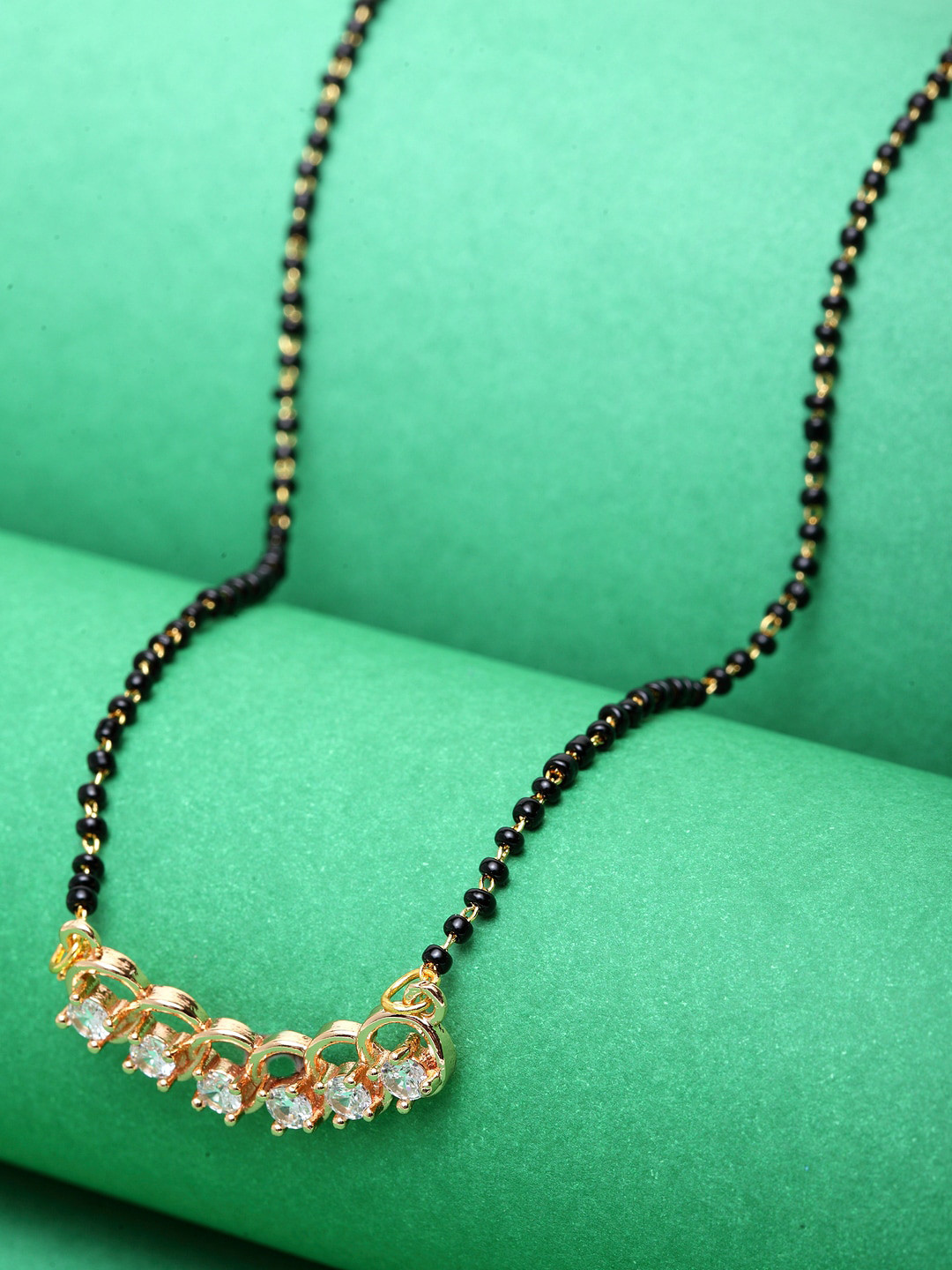

ANIKAS CREATION Black Gold-Plated AD-Studded Beaded Mangalsutra