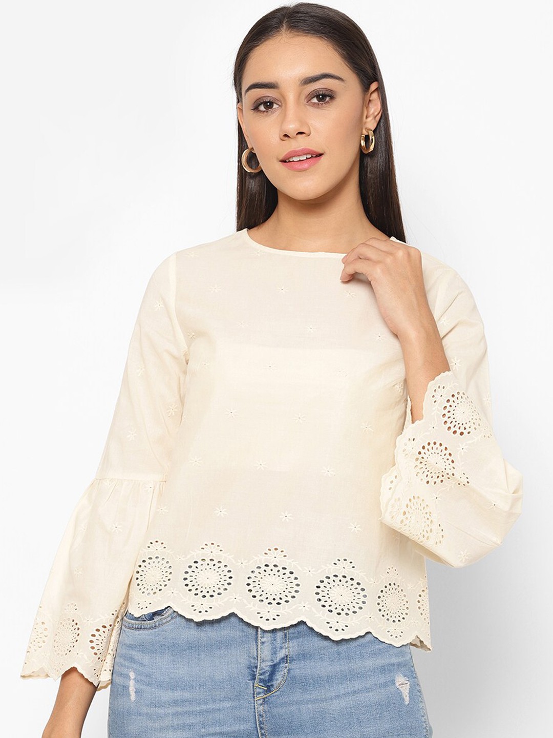 

HOUSE OF KKARMA Cream-Coloured Embroidered Pure Cotton Schiffli Regular Top