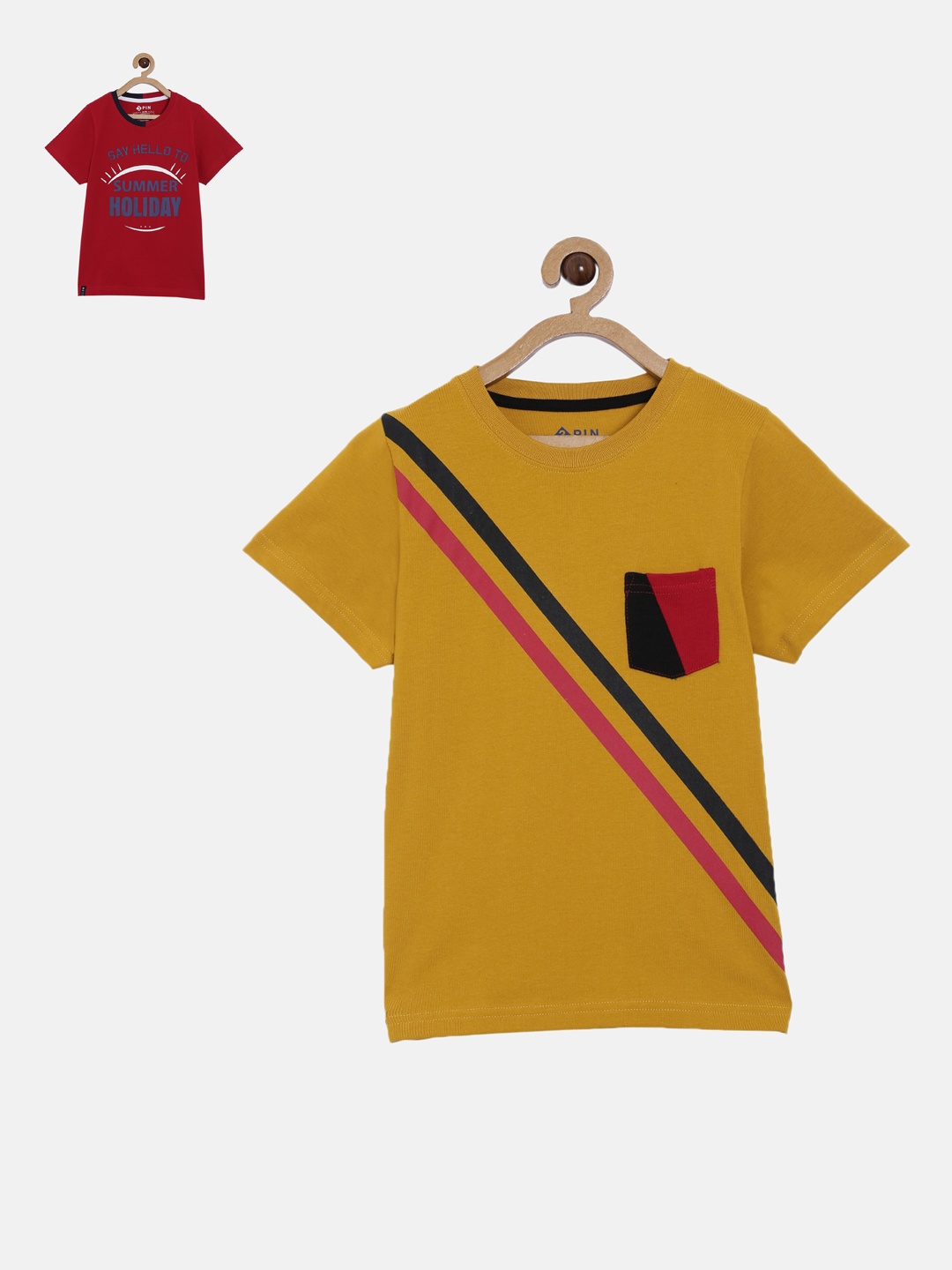 

3PIN Boys Pack Of 2 Printed Round Neck Cotton Pure Cotton T-shirts, Mustard