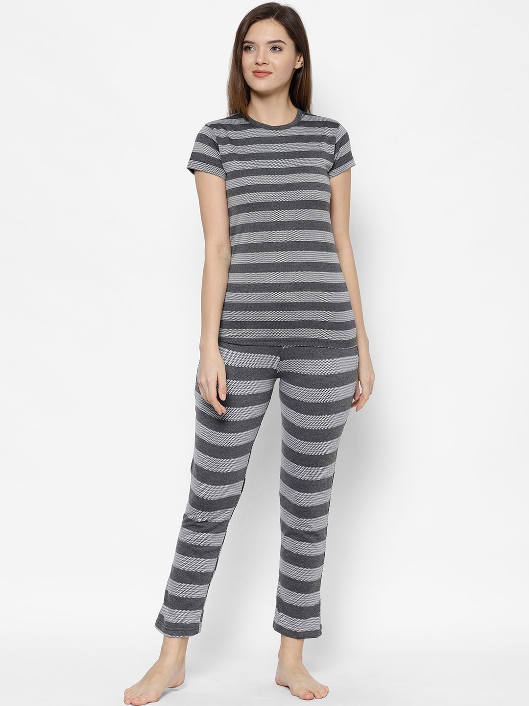 VIMAL JONNEY Women Grey & White Striped Night suit
