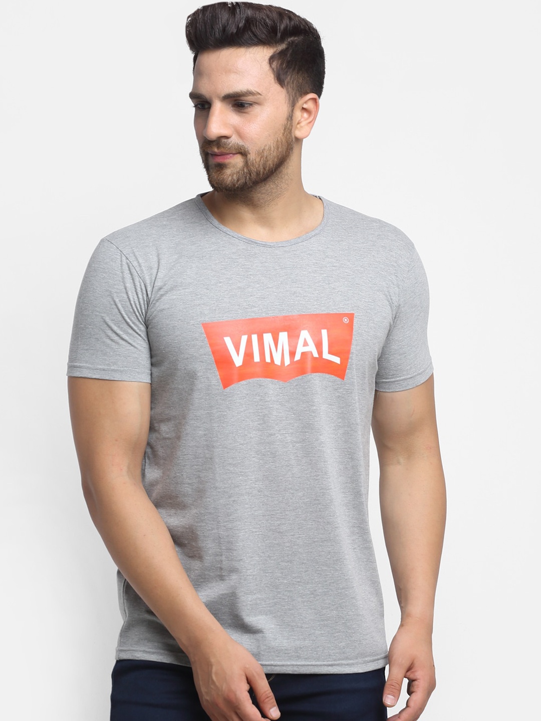 

MACK JONNEY Men Grey & Orange Printed Round Neck T-shirt