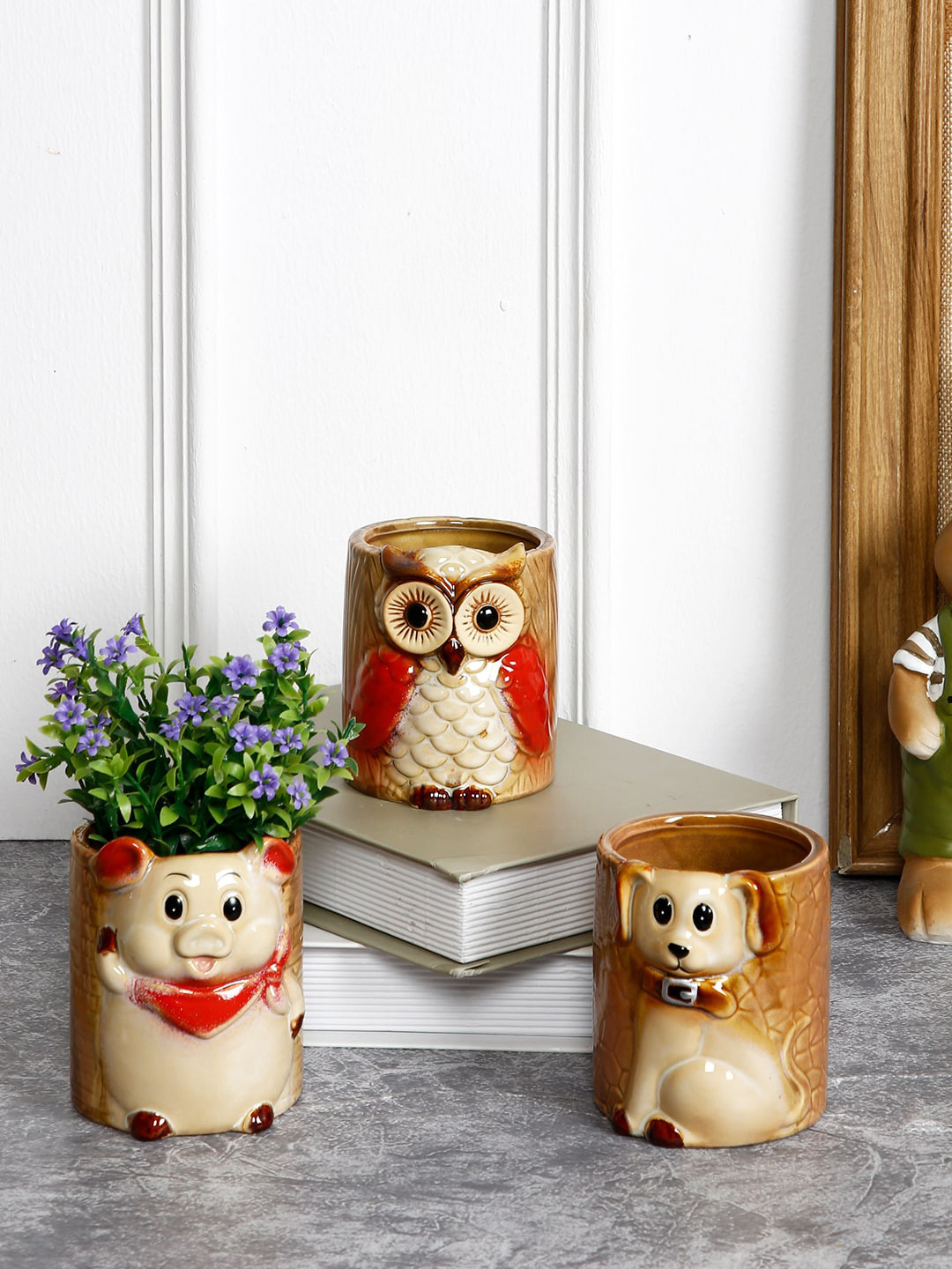 

Aapno Rajasthan Set Of 3 Brown & Beige Handcrafted Ceramic Planter Set