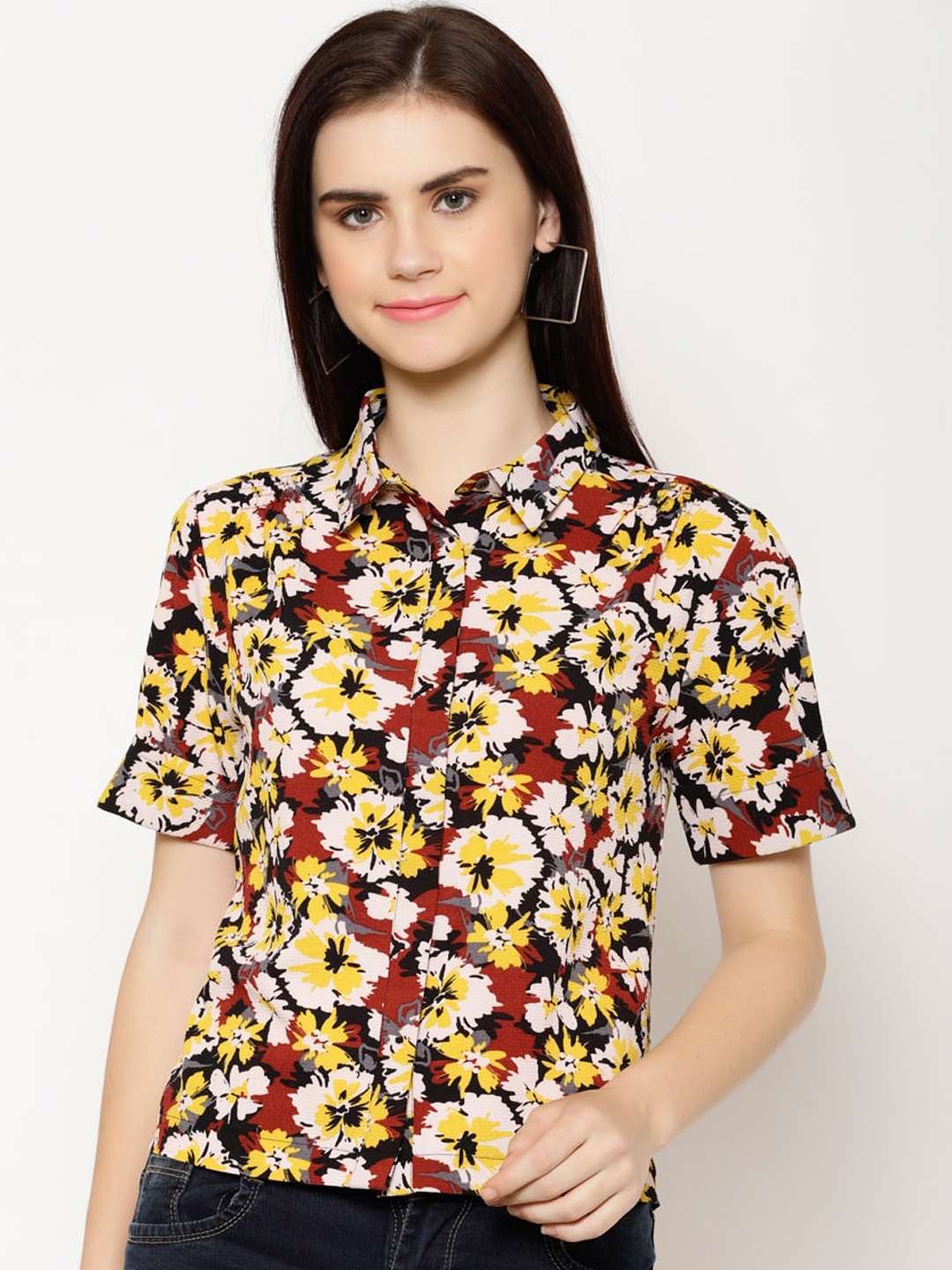 

HOUSE OF KKARMA Women Maroon & Yellow Regular Fit Floral Printed Casual Shirt