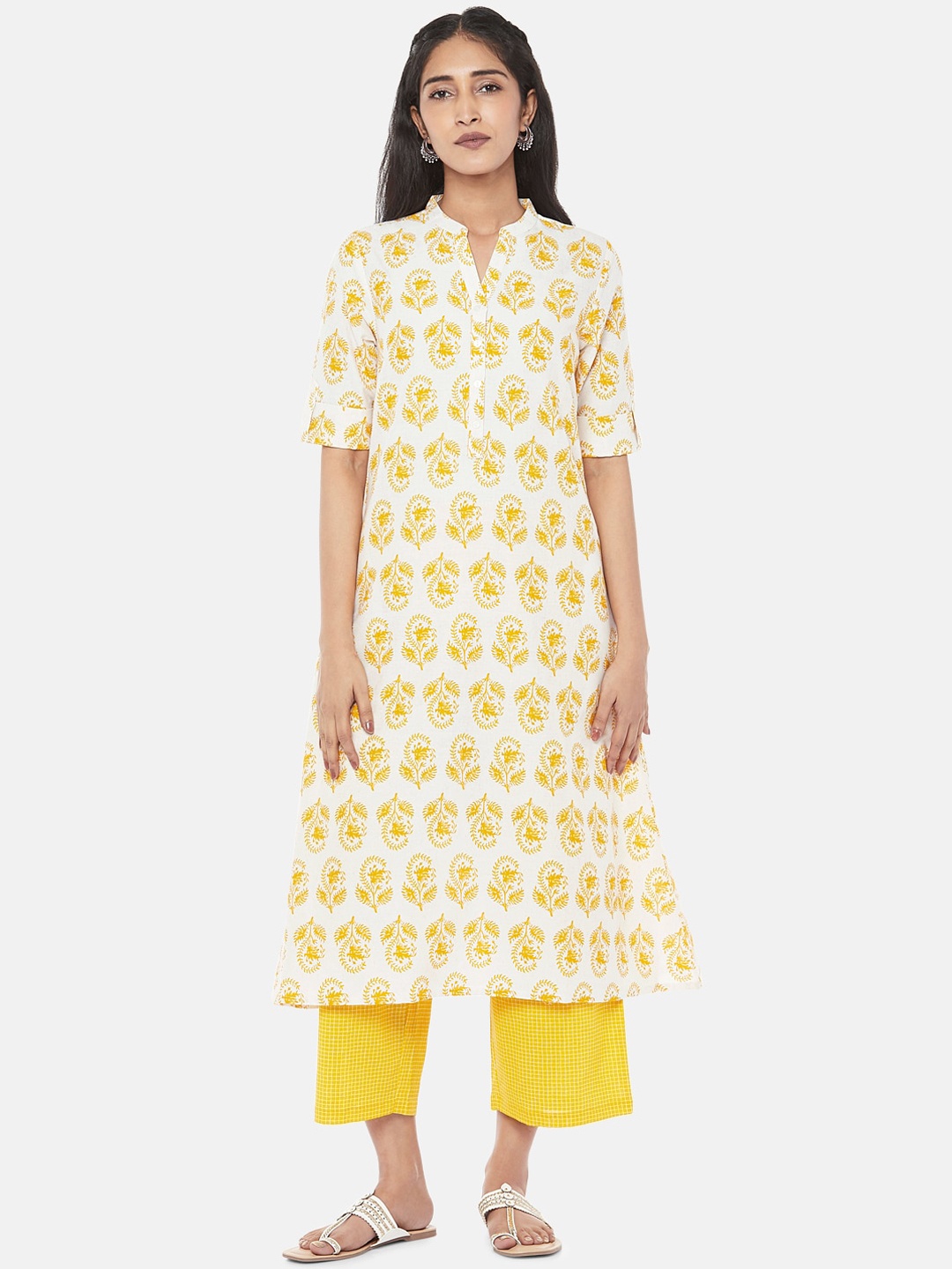 RANGMANCH BY PANTALOONS Women White & Yellow Printed Kurta with Palazzos