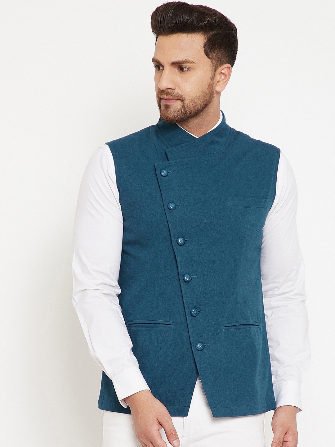 

Hypernation Men Teal Blue Cotton Solid Woven Nehru Jacket