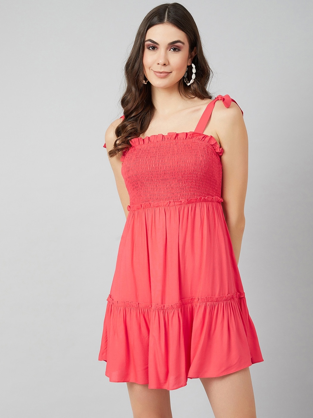 

Athena Women Coral Red Solid Fit and Flare Dress
