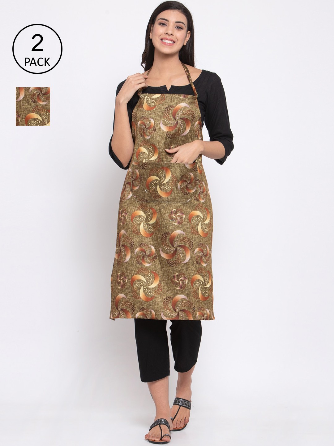 

KLOTTHE Unisex Pack of 2 Brown & Orange Printed 210 TC Cotton Aprons
