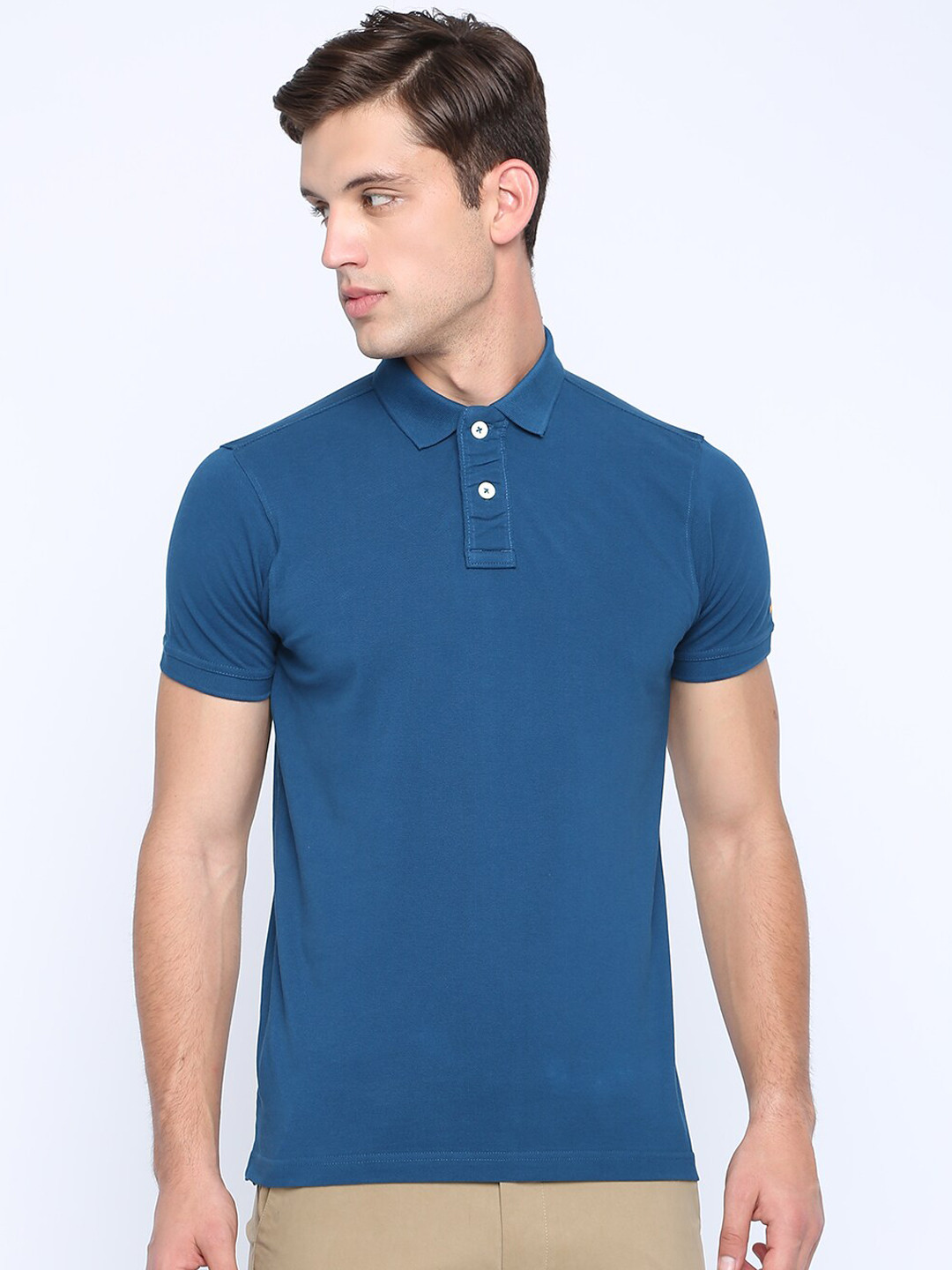 

Basics Men Blue Solid Polo Collar T-shirt