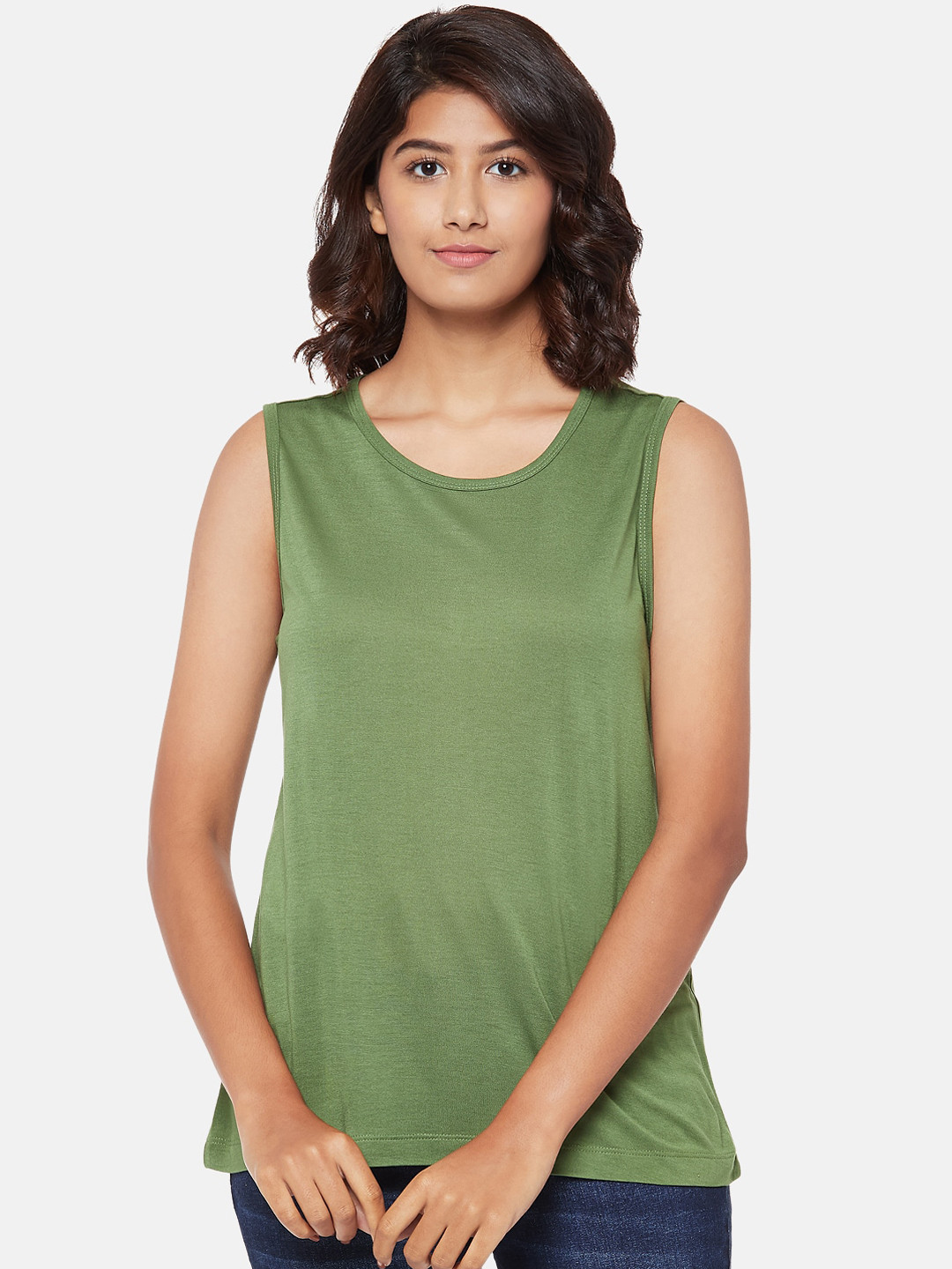 

People Women Olive Green Solid Round Neck T-shirt
