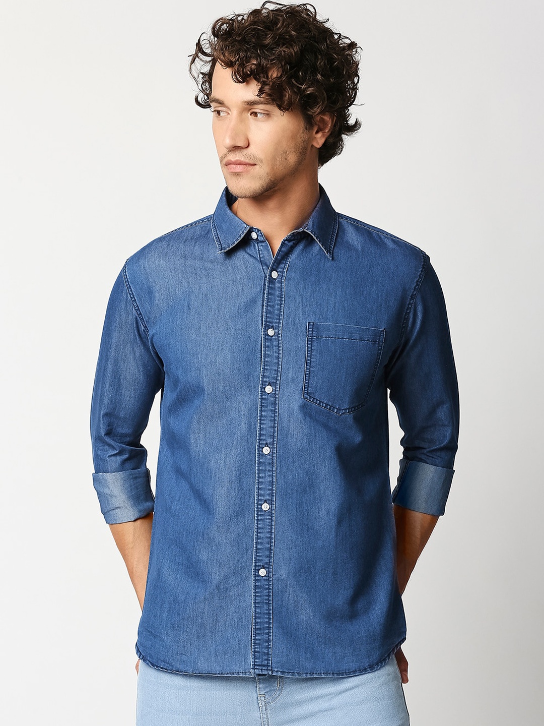 

High Star Men Blue Slim Fit Solid Casual Shirt