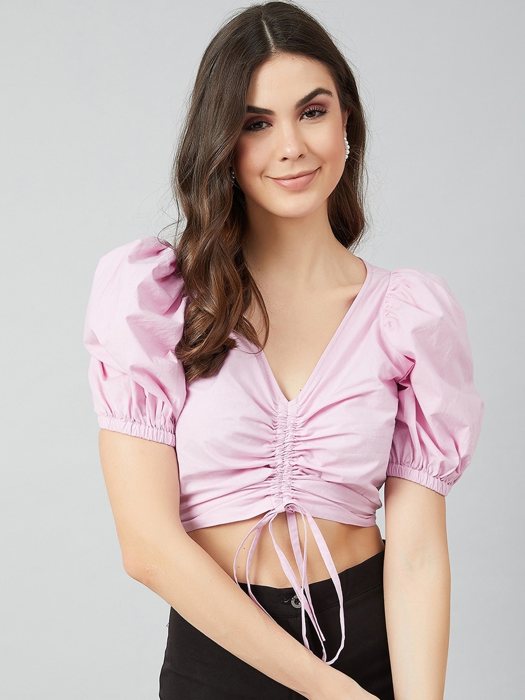 

Athena Lavender Puff Sleeves Pure Cotton Fitted Crop Top