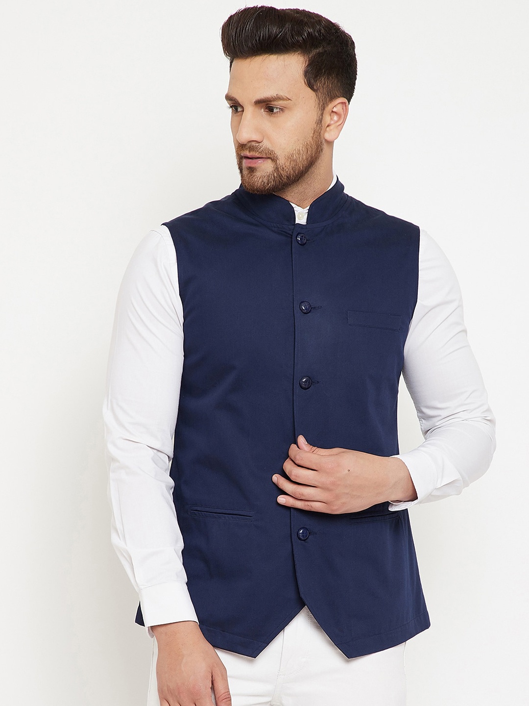 

Hypernation Men Navy Blue Cotton Solid Woven Satin Twill Nehru Jacket