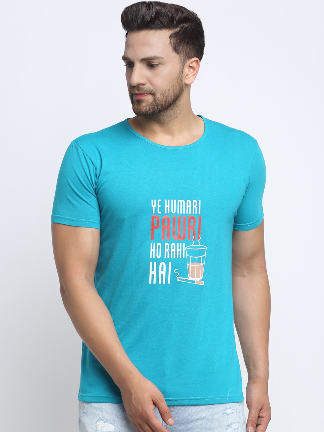 

MACK JONNEY Men Turquoise Blue Printed Round Neck T-shirt