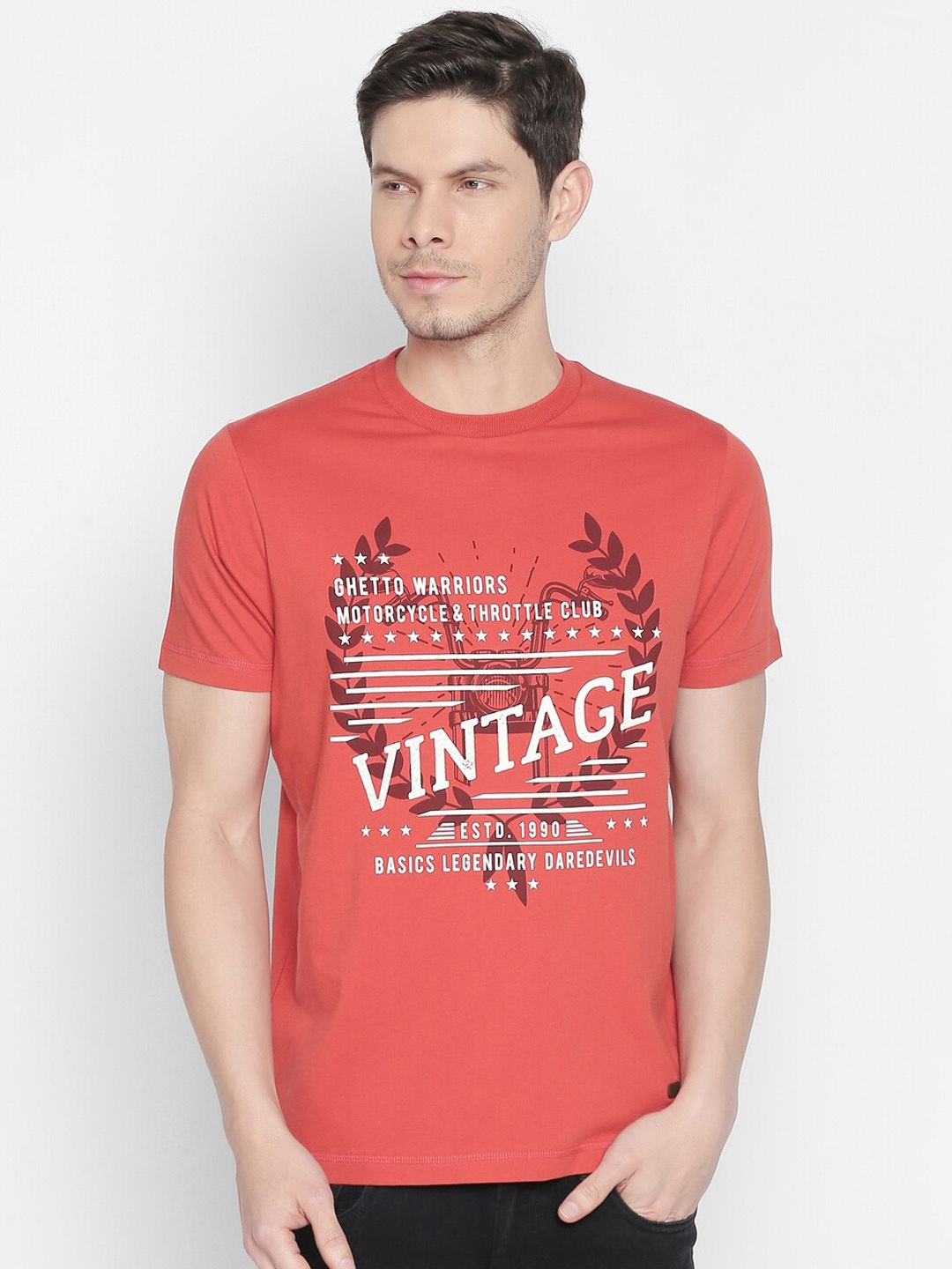 Basics Men Orange Printed Round Neck T-shirt
