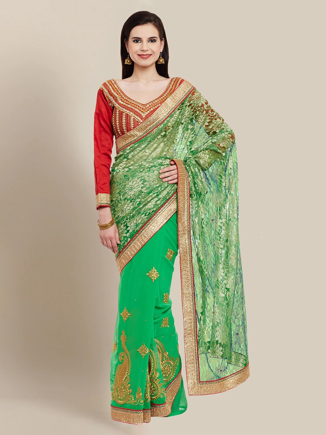 

Chhabra 555 Green & Red Poly Georgette Embroidered Saree