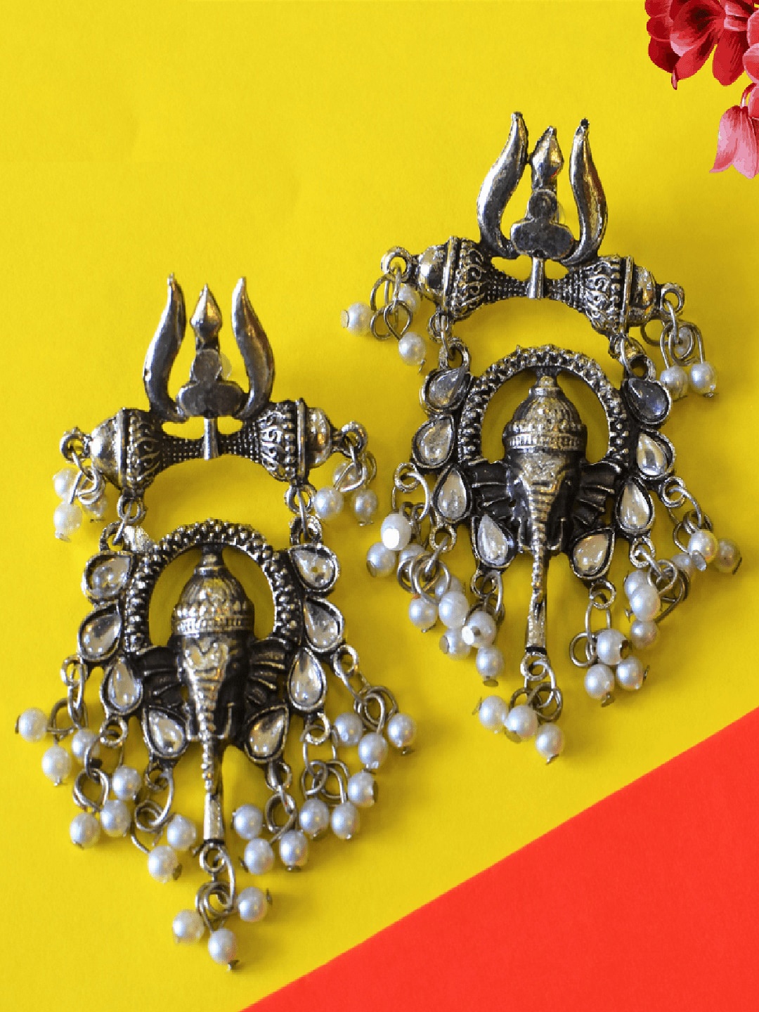 

OOMPH Silver-Toned Oxidised Ganpati Contemporary Drop Earrings