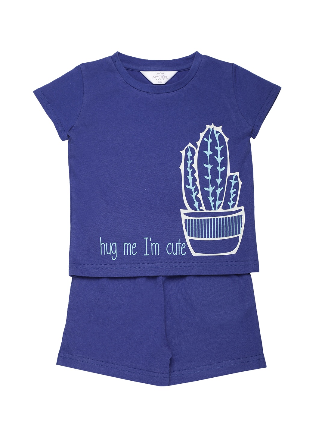 

Mystere Paris Girls Blue & White Printed Pure Cotton Night Suit