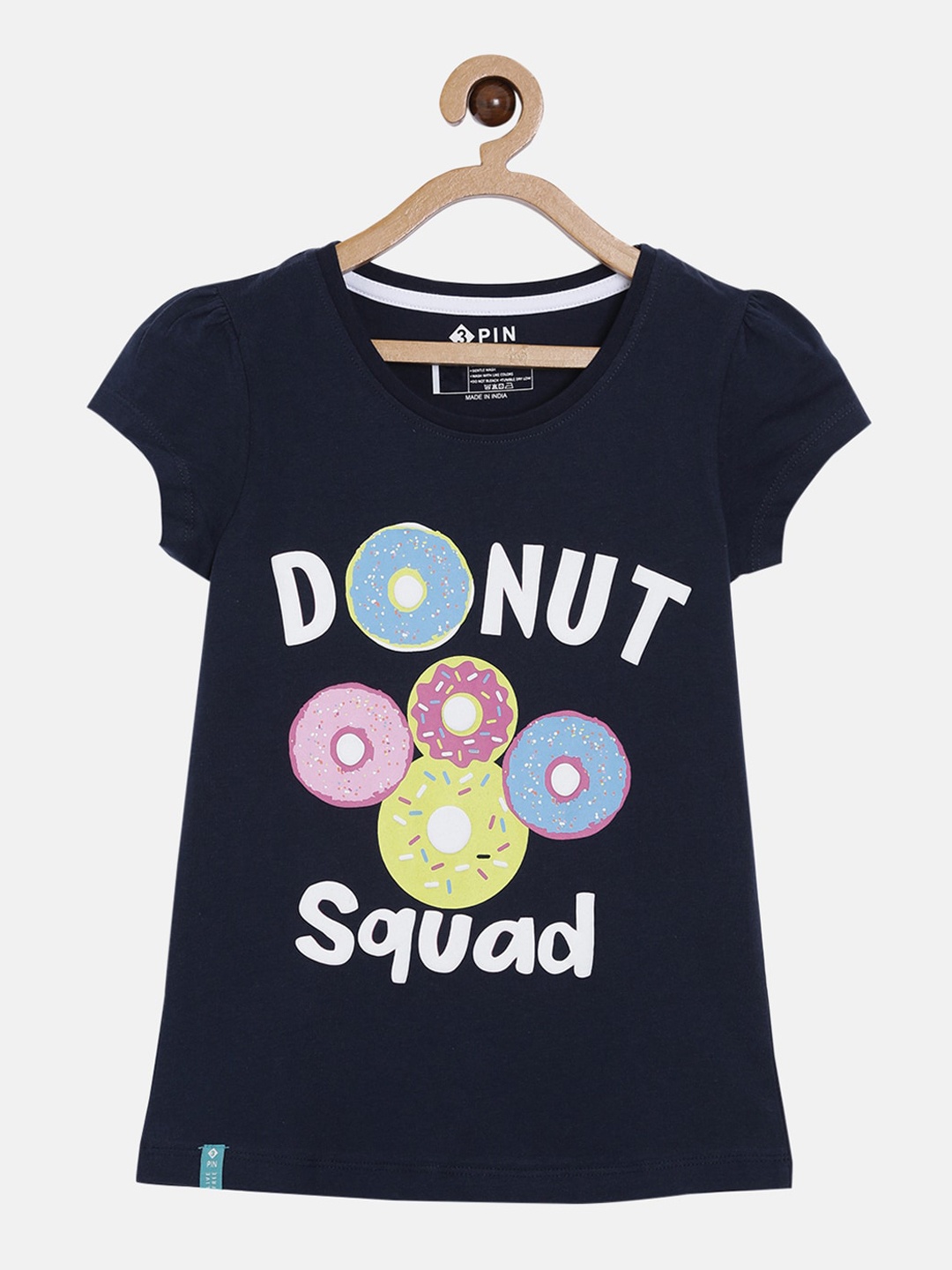 

3PIN Girls Navy Blue Printed Round Neck Pure Cotton T-shirt